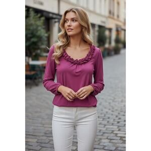 Miotta Ruffle Neckline Blouse | Berry Pink Long Sleeve Top | Soft Stretch | Size